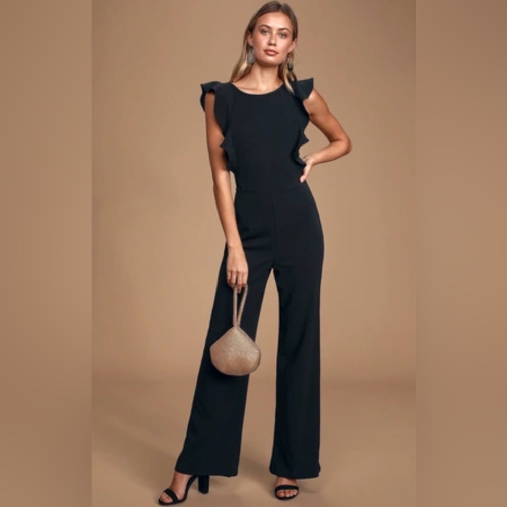 Lulu's Feel Your Love Black Ruffled Wide-Leg Jumpsuit🖤